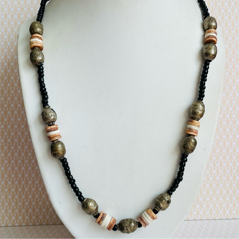 Artisan Boho Beaded Necklace Hammered Vintage Metal Beads
